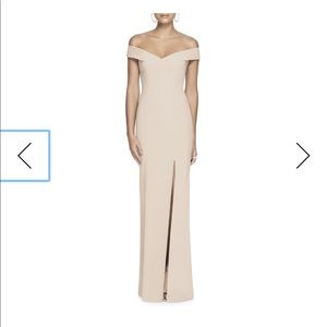 Dessy off the shoulder column gown with slit cameo